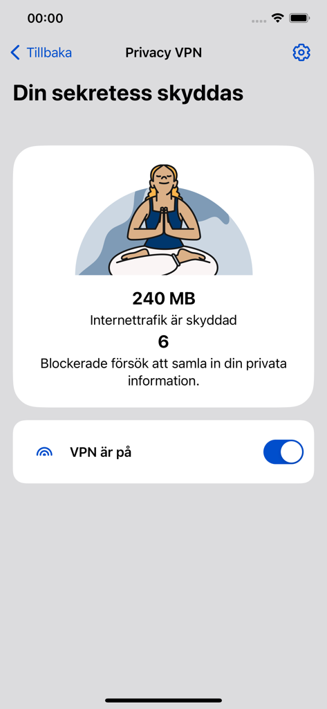 Tele2 Saker app interface showing an active Privacy VPN with statistics for protected internet traffic and blocked tracking attempts.