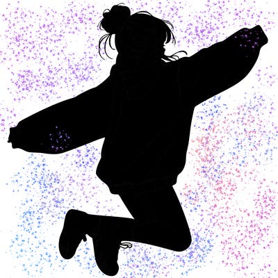 realistic girl jumping with a bun and oversized sweatshirt
