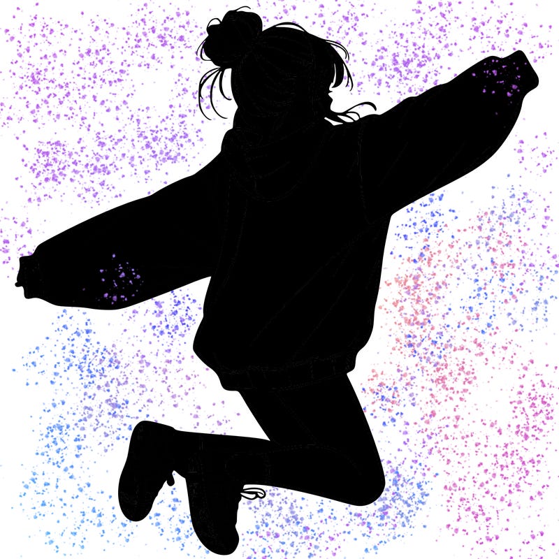 realistic girl jumping with a bun and oversized sweatshirt