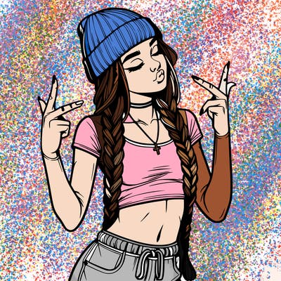 realistic teenage girl with braids and a beanie and crop top doing 🫶🏼