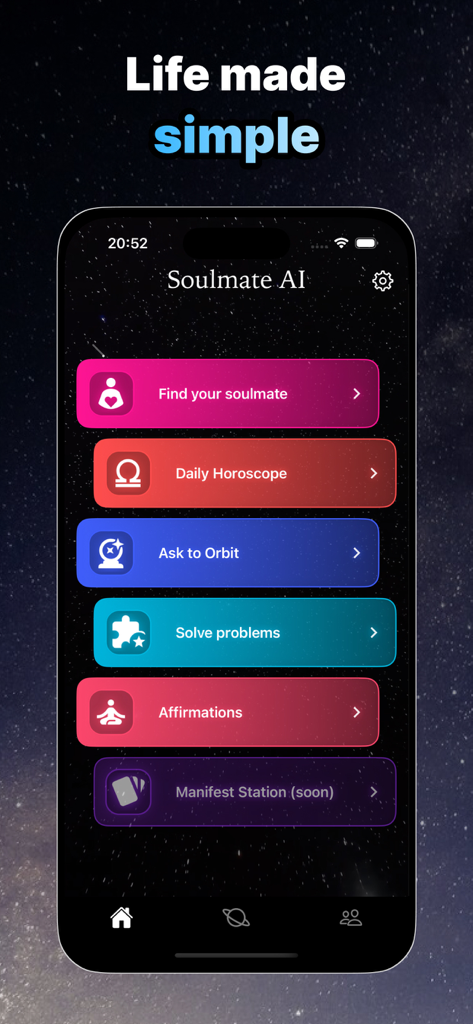 Main menu of the Soulmate Sketch app featuring options for finding a soulmate, daily horoscopes, and AI coaching