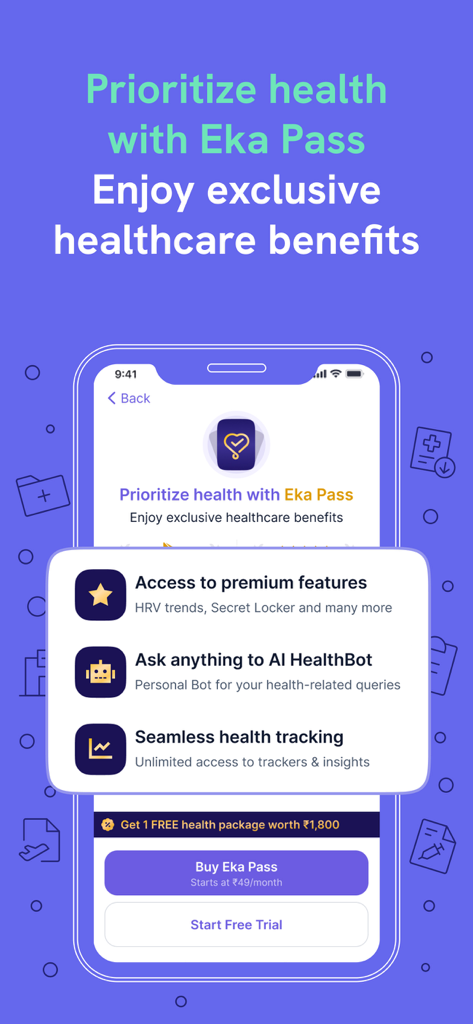 Bildschirm für das Eka Pass-Abonnement, der Premium-Funktionen und KI-HealthBot-Zugang zeigt.