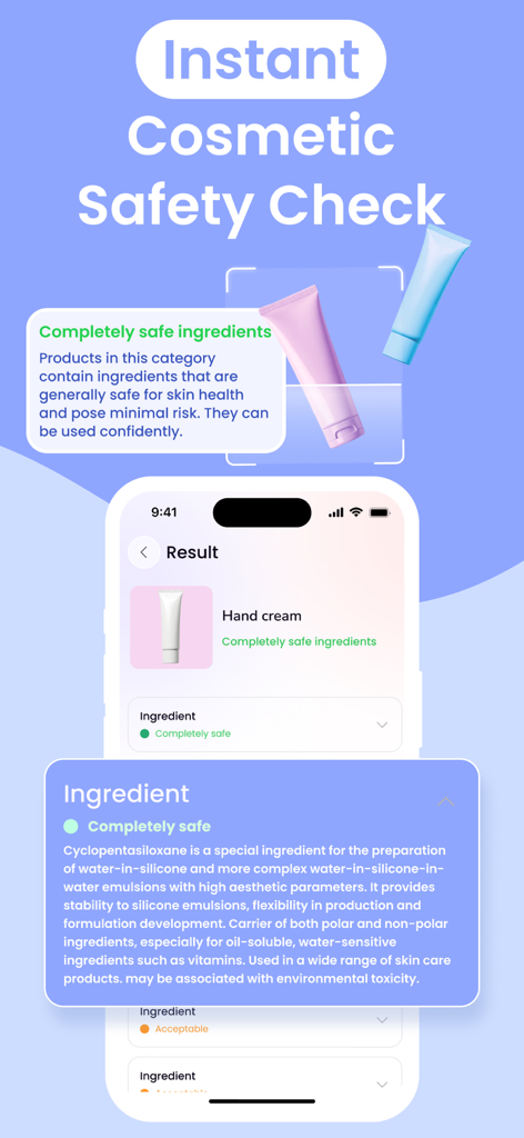 Pantalla de la aplicación móvil que muestra un análisis de seguridad de los ingredientes de productos para el cuidado de la piel con descripciones detalladas de seguridad.