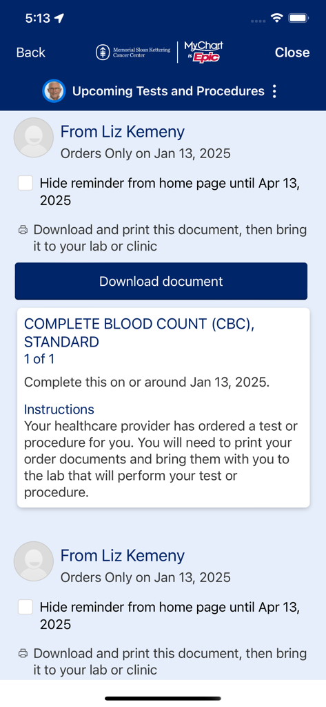 MSK MyChart - MSK MyChart app interface showing upcoming tests and procedures for a patient including a blood count lab order