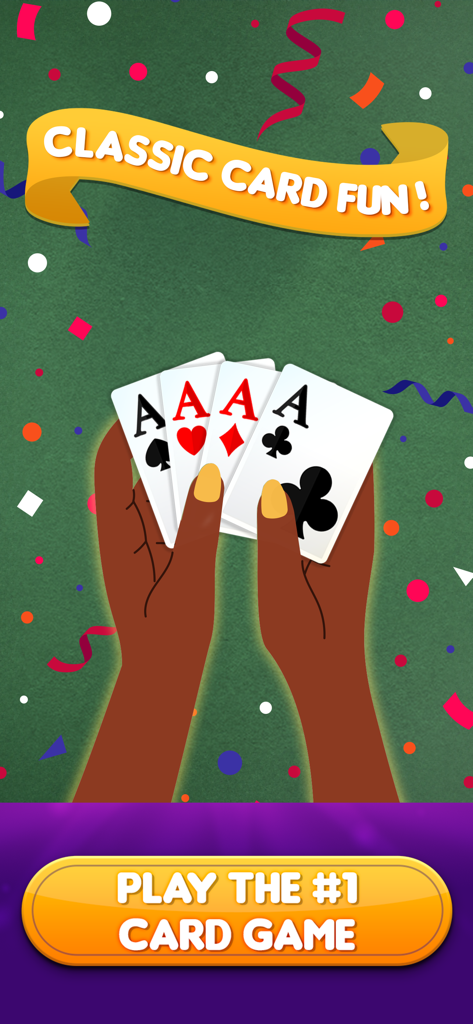 Gin Rummy * The Best Card Game - Manos sosteniendo cuatro Ases sobre un fondo verde con confeti y un botón de juego para Gin Rummy