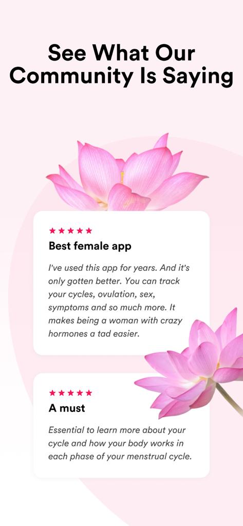 IVY Period & Pregnancy Tracker - Two positive five-star user reviews for the IVY Period and Pregnancy Tracker app displayed on a pink background with lotus flowers