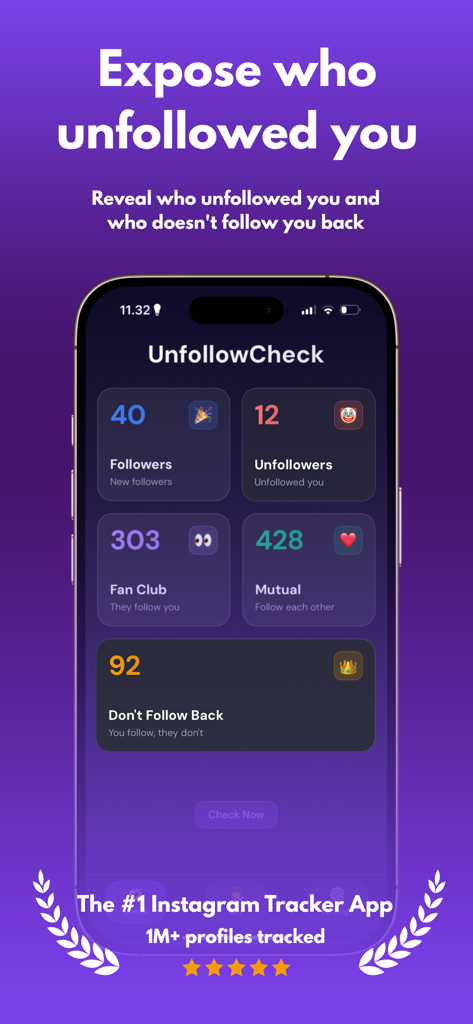 Dashboard of UnfollowCheck app showing Instagram follower and unfollower statistics