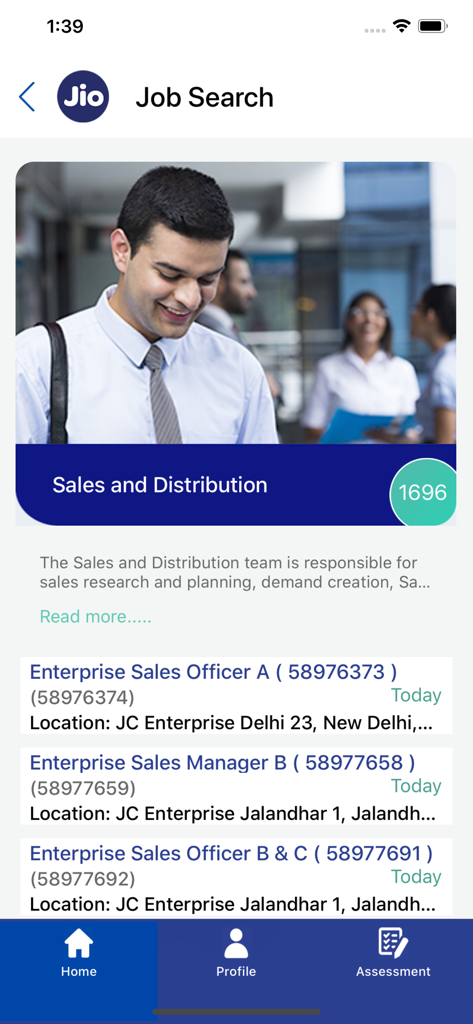 Job search screen in Jio Careers app featuring sales and distribution job listings