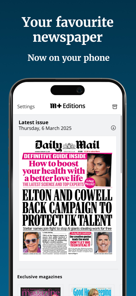 A smartphone screen displaying the Daily Mail digital newspaper app latest edition.