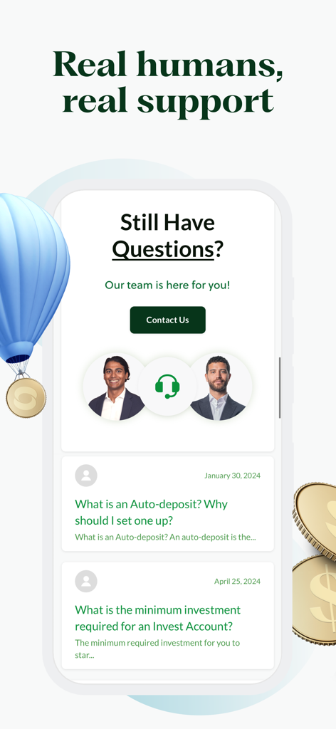 Mobile interface of the Sarwa app showing human support advisors and investment FAQ sections