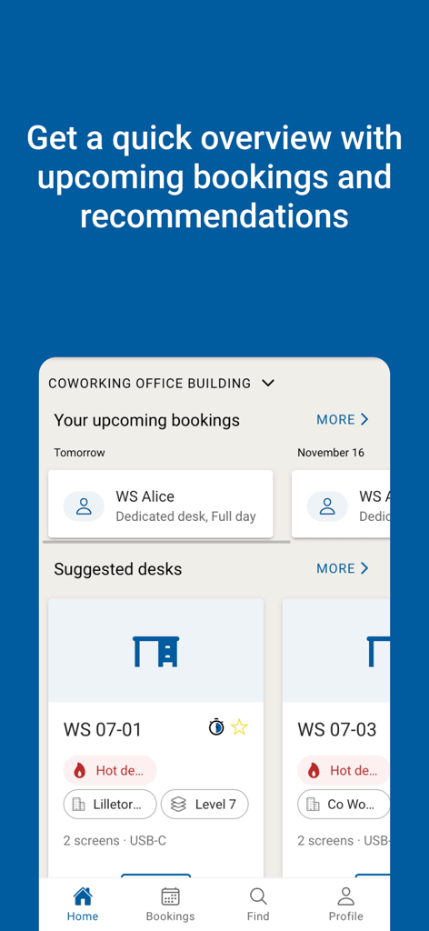 Areo Hybrid Work - Panel de la aplicación Areo Hybrid Work mostrando próximas reservas de escritorios y estaciones de trabajo sugeridas para empleados híbridos