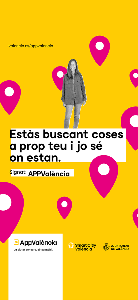 Tela promocional do AppValència com uma mulher com pinos de localização em um fundo amarelo com texto sobre como encontrar serviços locais próximos.