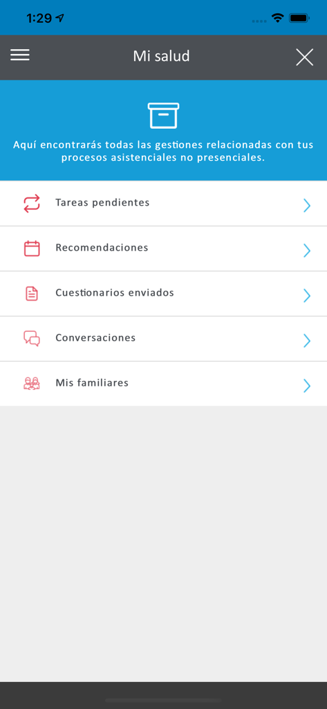 H.U. General de Villalba - Mobile app screen for H.U. General de Villalba showing patient health management options