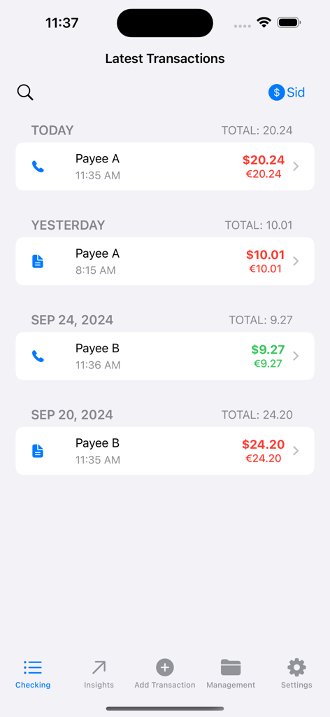 Money Manager EX - Money Manager EX app interface showing recent transactions with dual currency amounts
