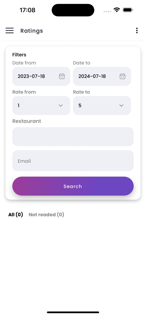 Meez - Interfaz de búsqueda de calificaciones de restaurantes con filtros de fecha y puntuación en la aplicación Meez