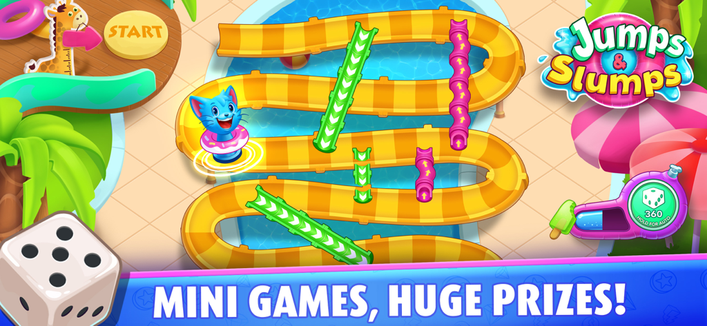Bingo Blitz™ - BINGO Games - Bingo Blitz Jumps und Slumps Minispiel mit einer blauen Katze auf einer bunten Wasserrutsche.