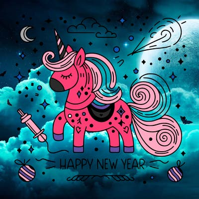happy new year illustration calligraphic style outline; thin lines; light colors