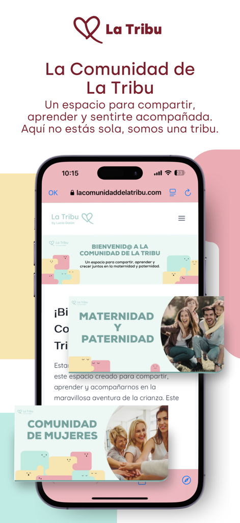Mobile screen showing the La Tribu app community section with support groups for maternity and paternity