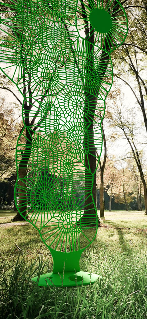 Future Botanica - 증강 현실을 사용하여 공원 풍경에 겹쳐진 녹색 기하학적 디지털 식물 구조