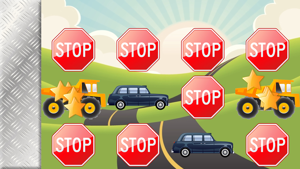A children's memory matching game screen showing vehicles like cars and trucks hidden behind stop signs on a colorful landscape.
