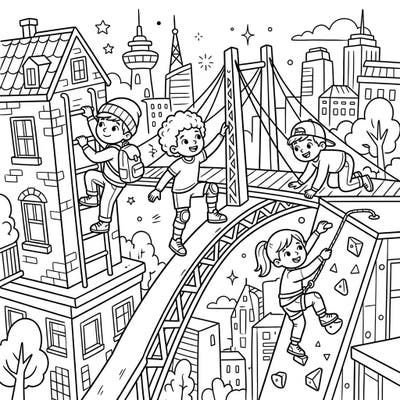 Unleash your child's inner explorer with this dynamic urban climbers coloring page. Featuring happy kids scaling city structures and rock walls, it's perfect for young adventurers aged 4-8.
