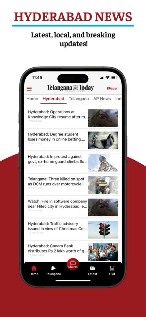 Telangana Today - Telangana Today mobile app interface showing a feed of local news headlines and images from Hyderabad.