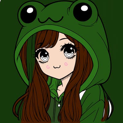 a pretty girl wearing a frog hoodie portrait with long hair