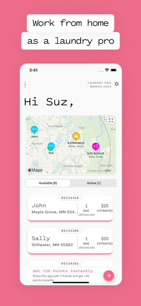 Poplin app dashboard showing available laundry jobs on a map and list with estimated earnings