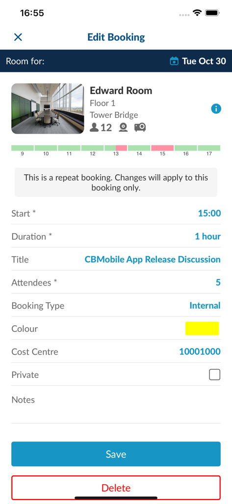 Interface pour modifier une réservation de salle de réunion montrant la durée et les détails des participants