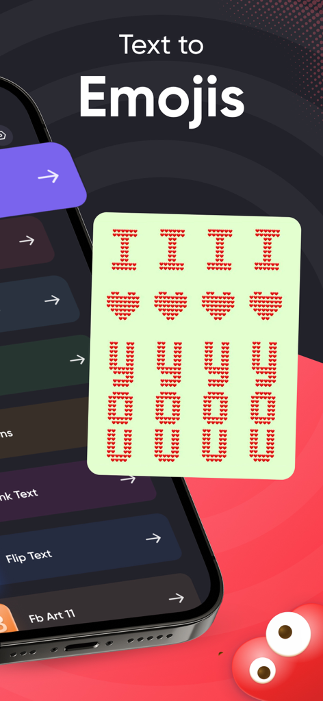 Re Message - Repeat Text 10k - Mobile app interface showing the text to emoji feature with a message spelled out using small heart emojis