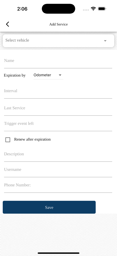 IAI TRACK PRO - Bildschirm zum Hinzufügen von Diensten in der IAI TRACK PRO App zur Verfolgung und Planung von Fahrzeugwartungsarbeiten.