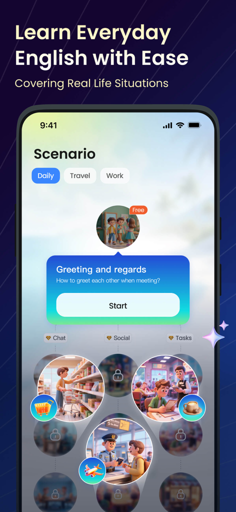 TalkFlow:Speak English Better - Interface de l'application TalkFlow affichant des scénarios de parole en anglais de la vie réelle pour la vie quotidienne et les voyages