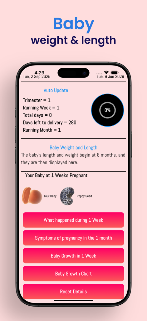 Pregnancy - Baby Tracker App - Una pantalla de la aplicación Rastreador de Embarazo que muestra la comparación del tamaño del bebé con una semilla de amapola a la semana 1