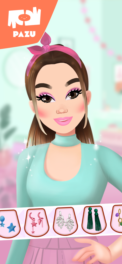 Uma garota de desenho animado com maquiagem rosa e uma tiara rosa escolhendo entre vários estilos de brincos em um jogo de transformação