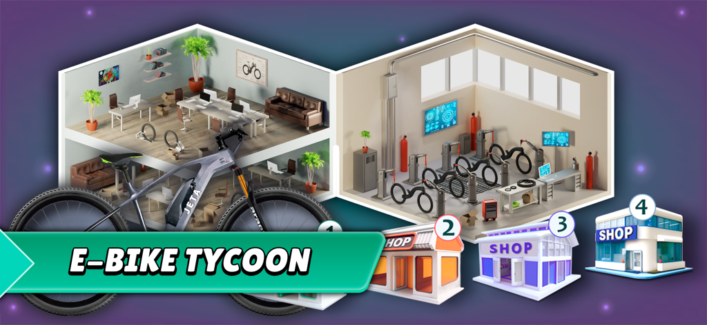 E-Bike Racing Tycoon Simulator - E-Bike Racing Tycoon gameplay showing factory production and shop business expansion