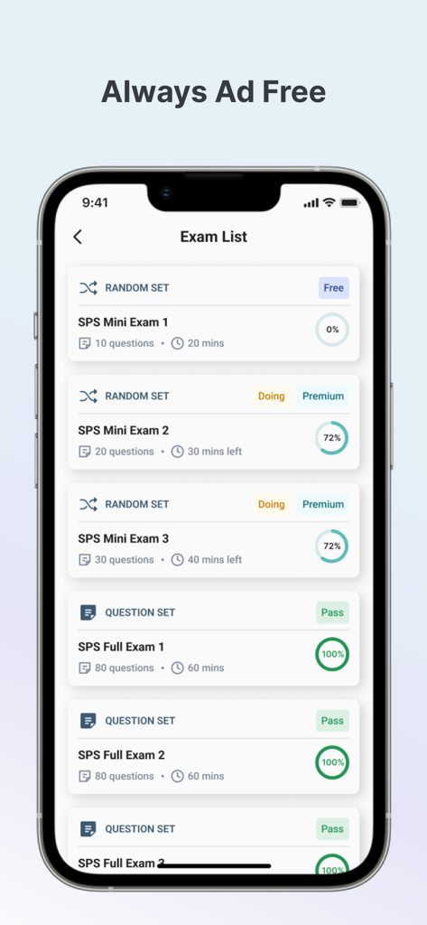 SPS Exam Simulator - SPS Exam Simulator app screen displaying a list of mock exams and progress status