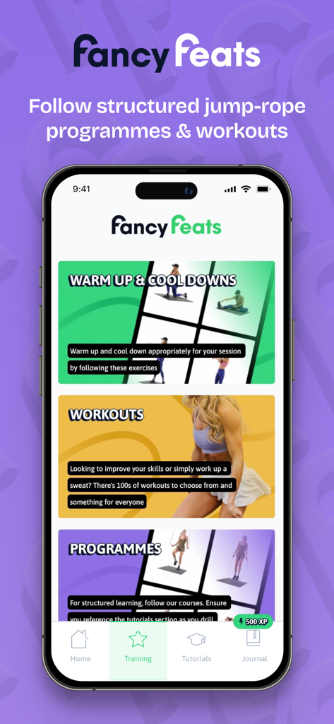 Fancy Feats -The Jump Rope App - Interface do aplicativo Fancy Feats mostrando programas de treinamento estruturados e treinos com corda de pular