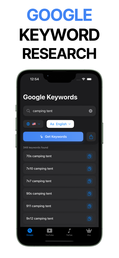SEO Keyword Research Tool - キャンプ用テントの検索結果を表示するGoogleキーワード調査インターフェース