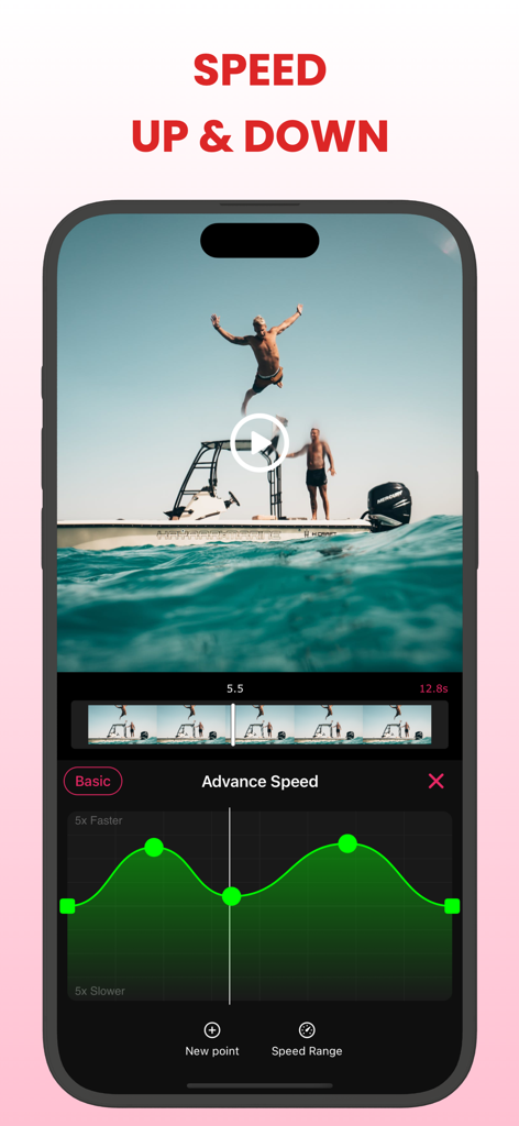 Slow Motion Video FX Editor ® - Mobile app interface showing the advance speed ramping curve editor for a video of a man jumping from a boat