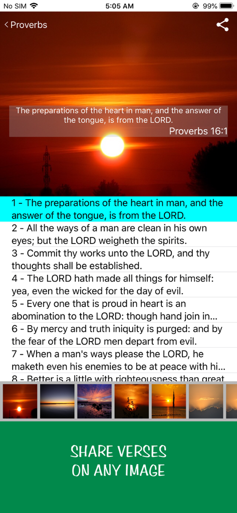 A mobile app interface showing a King James Bible verse overlaid on a sunset background image with a feature to share verses on custom photos.
