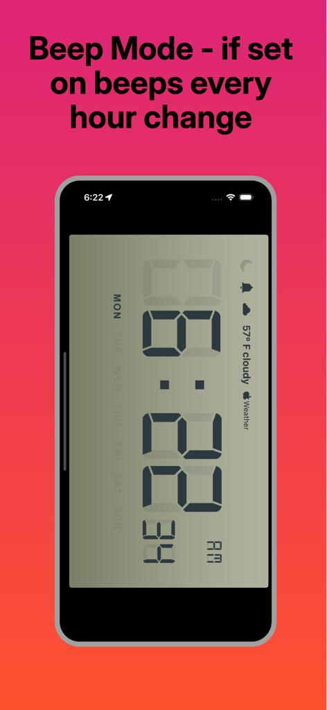 Cool Forecast Clock-Desk - Pantalla de smartphone mostrando la aplicación Cool Forecast Clock con la función de campanada horaria Modo Pitido resaltada