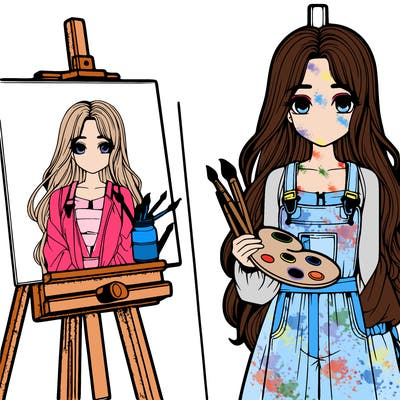 a realistic girl with long hair and shes a painter shes holding a paint pallet and easel with a blank canvas on it next to her