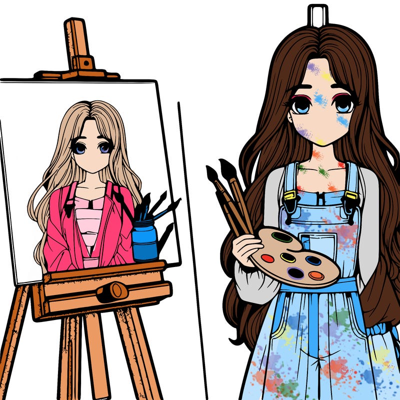 a realistic girl with long hair and shes a painter shes holding a paint pallet and easel with a blank canvas on it next to her