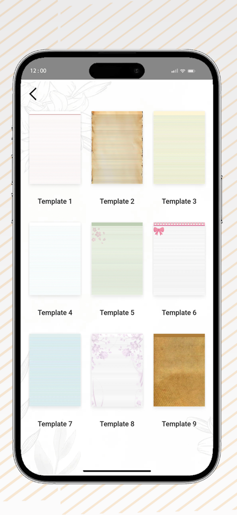 Ein Menü zeigt neun verschiedene Hintergrundpapier-Vorlagen für die Quick Note App.