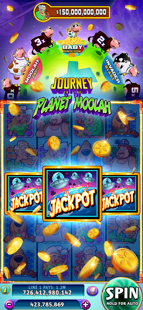 Pantalla de ganancia de Jackpot en la máquina tragamonedas Planet Moolah en Gold Fish Casino Slots con monedas de oro cayendo.