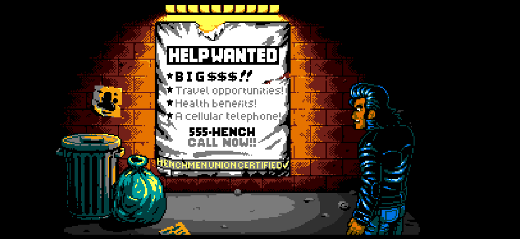 Pixel-Art-Charakter, der ein 'Gehilfen gesucht'-Plakat an einer Backsteinmauer betrachtet.