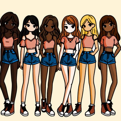 a group of girls wearing crop tops and shorts