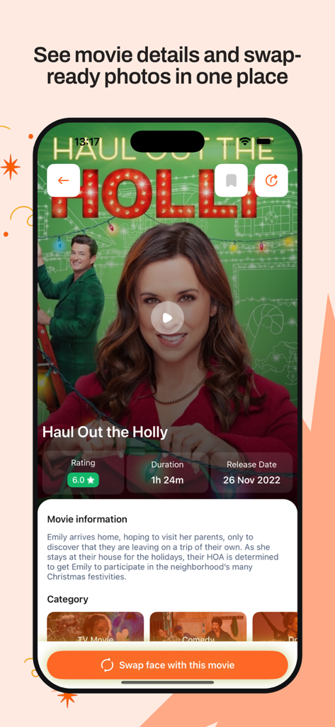 Woodfix : Movie & TV Shows - Woodfix app movie details screen for Haul Out the Holly with face swap button