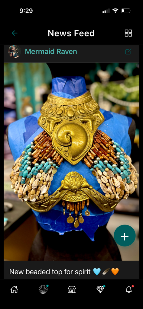 Merbella App news feed showing a custom handcrafted golden shell and beaded mermaid top