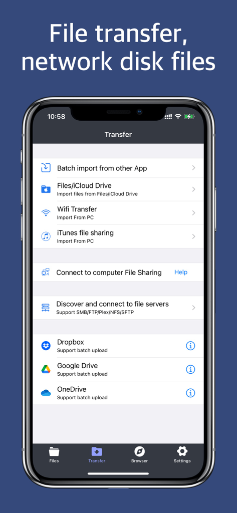 File Master app screen showing file transfer options and cloud storage integrations